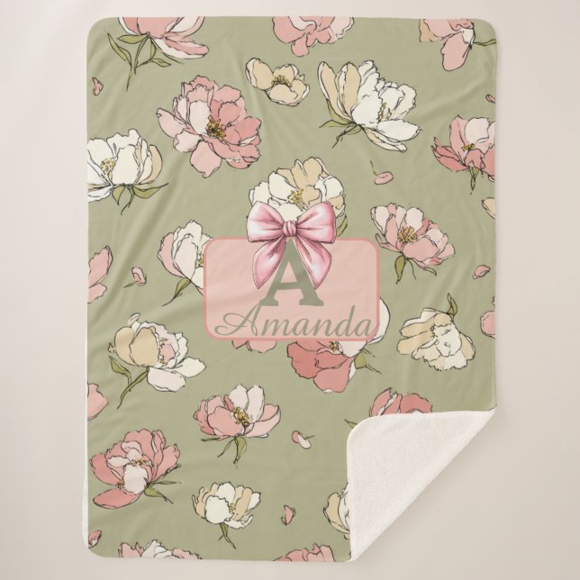 Manta Sherpa Masa Sherpa Patrón Peony dibujada a mano (Anverso)