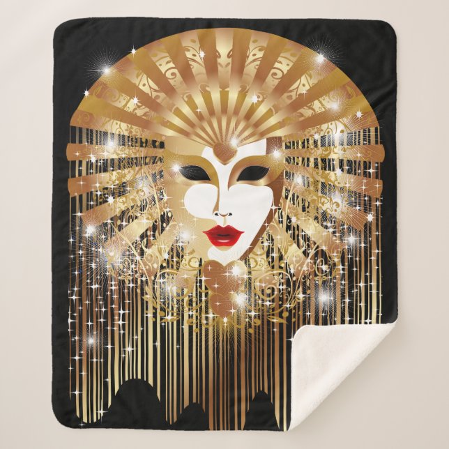 Manta Sherpa Máscara Fiesta del Carnaval de Venecia Dorada (Anverso)