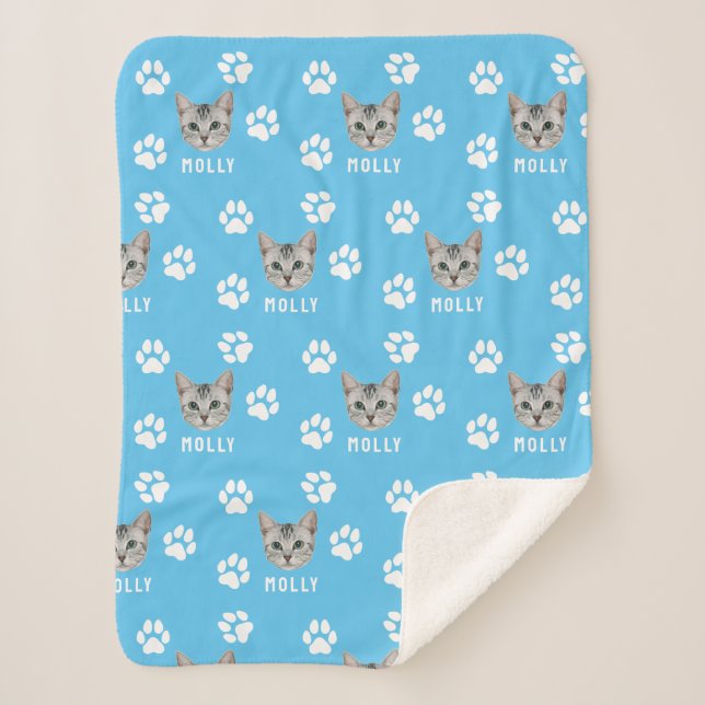 Manta Sherpa Mascota de gato personalizado, foto y nombre azul (Anverso)