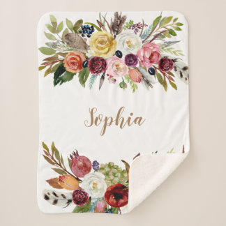 Manta Sherpa Matrícula Chica personalizada Floral Acuarela