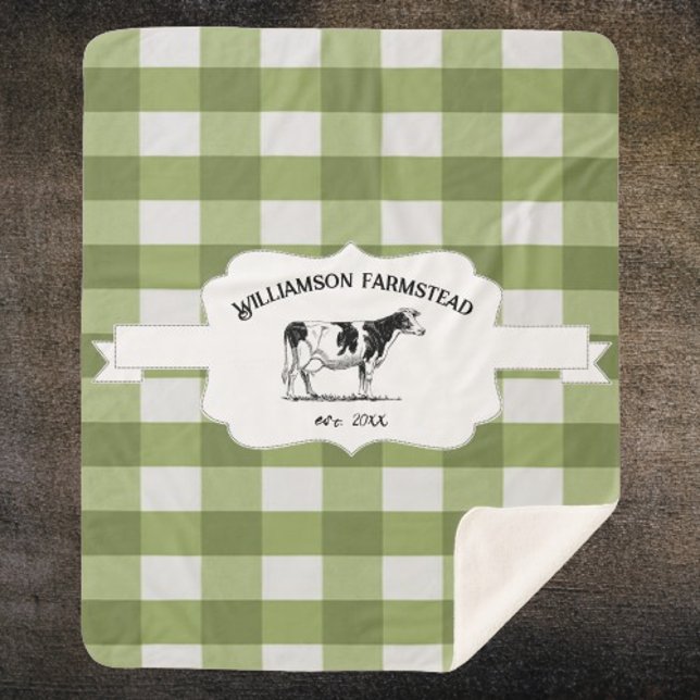 Manta Sherpa Matrícula de búfalo verde de granja de vaca Sherpa (Green Buffalo Plaid Farm Cow Personalized Sherpa Blanket)