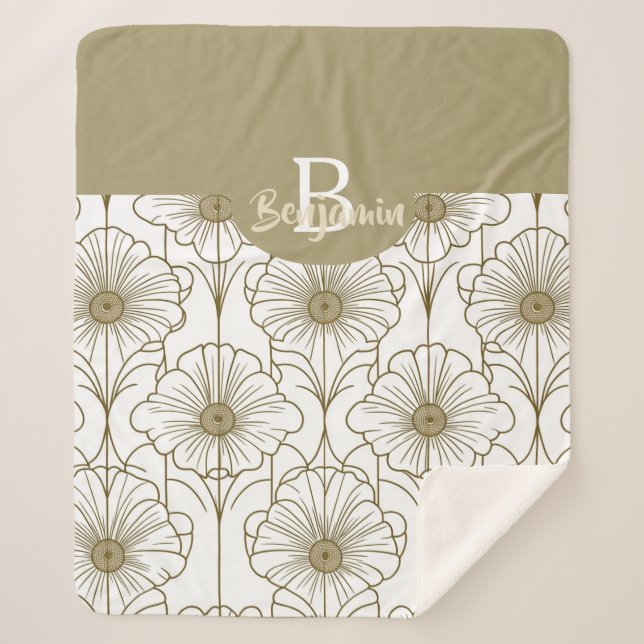 Manta Sherpa Matrícula de patrón floral de línea dorada Sherpa  (Anverso)