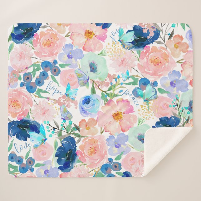 Manta Sherpa Matrícula floral de mariposa acuarela (Anverso (horizontal))