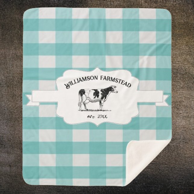 Manta Sherpa Matrícula verde azulada de búfalo en la granja de  (Teal Buffalo Plaid Farm Cow Personalized Sherpa Blanket)