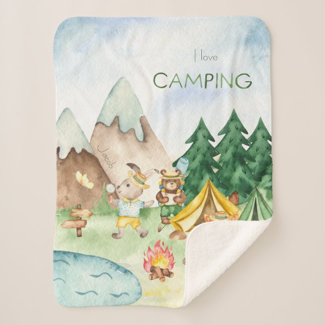 Manta Sherpa Me encanta acampar Woodland Animal Kids Watercolor (Anverso)