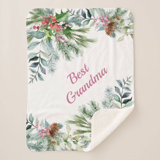 Manta Sherpa Mejor Abuela Evergreen Holly Berries Pink Green (Anverso)