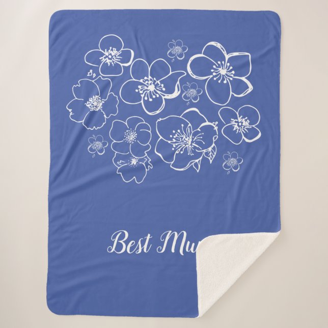 Manta Sherpa Mejor azul mamá con flores blancas (Anverso)
