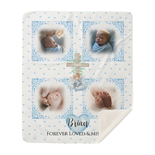 Manta Sherpa Memorial Baby Boy Photo Blanket Gift (personalized-baby-loss-boy-memorial-photo-blanket-keepsake)