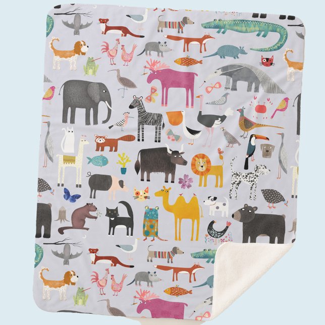 Manta Sherpa Menagerie animal (Fun animal menagerie with wild, safari, zoo, pet animals and birds pattern sherpa blanket)