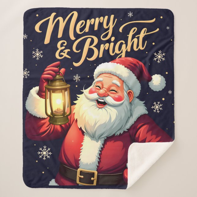 Manta Sherpa Merry Bright Santa Holding Lantern Illustration (Anverso)