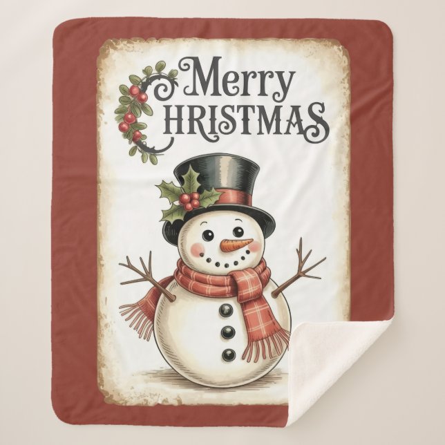 Manta Sherpa Merry Christmas Snowman Sherpa Blanket  (Anverso)