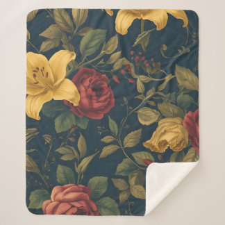 Manta Sherpa Midnight Victorian Floral – Yellow Lilies & Roses 
