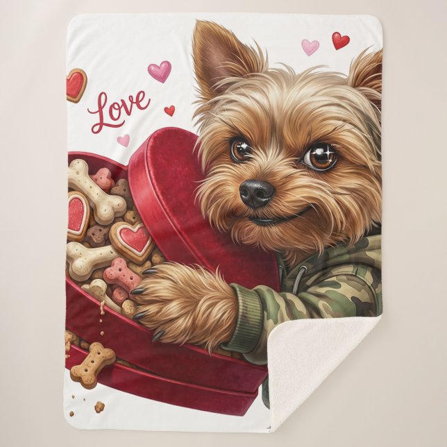Manta Sherpa Mischievous Valentine Yorkie Love Sherpa Blanket  (Anverso)