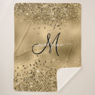 Manta Sherpa Moda Black Gold Purpurinas Monograma Nombre