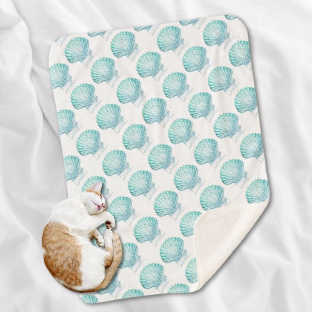 Manta Sherpa moda costera azul verde azulado acuarela de sirena (coastal chic teal blue watercolor mermaid seashell sherpa blanket)