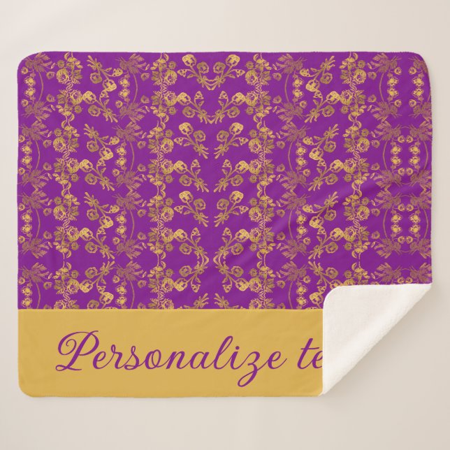 Manta Sherpa Moda Flores doradas patrón púrpura | personalizado (Anverso (horizontal))