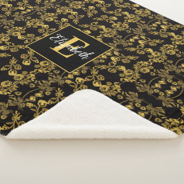 Manta Sherpa Moda Monogramed Golden Floral sobre negro