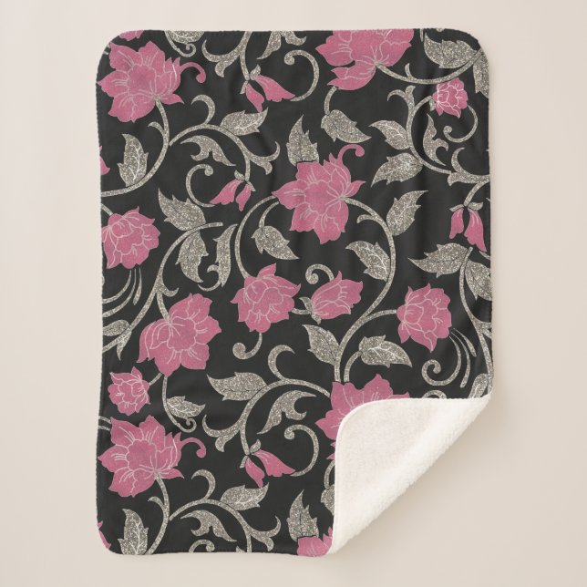 Manta Sherpa Moda purpurina verde rosa negro  ilustracion flora (Anverso)