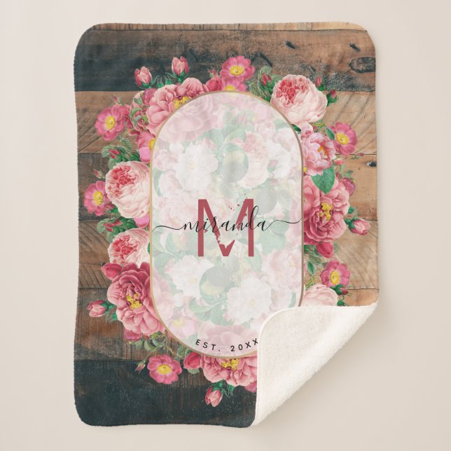 Manta Sherpa Moda Vintage Botánico Wreath Monograma (Anverso)