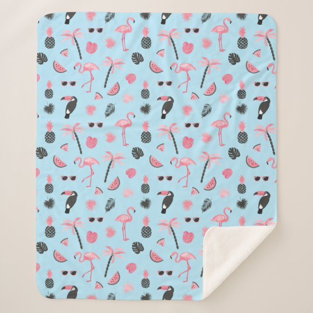 Manta Sherpa Modelo tropical del verano rosado y azul (Anverso)