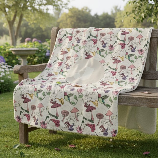 Manta Sherpa Modern Ivory Hummingbird Flowers Leaves (Elegant Nature Inspired Hummingbird Blankets. Ivory Colibri, Flowers Leaves Pattern Initial for Her)