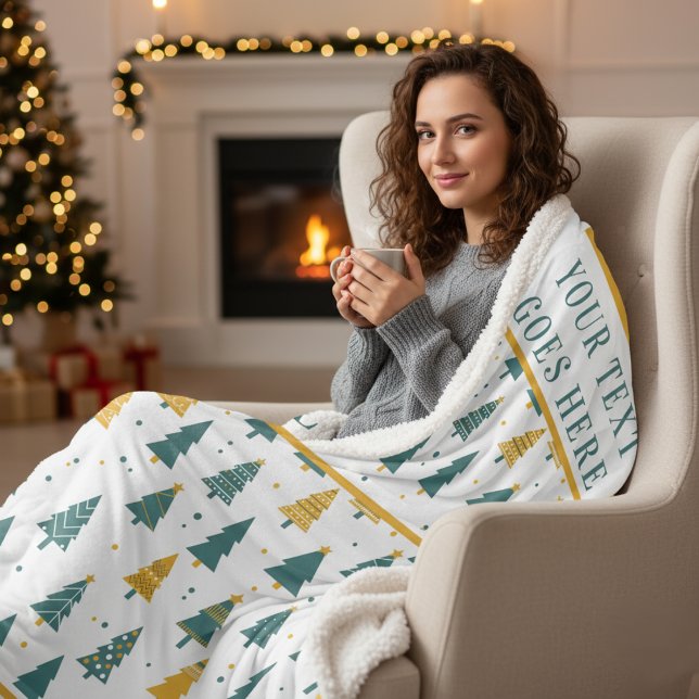 Manta Sherpa Modern Teal & Gold Christmas Tree Custom Text (Subido por el creador)