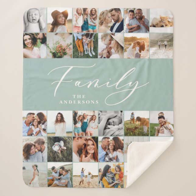 Manta Sherpa Moderna familia de guiones azul multifoto elegante (Anverso)