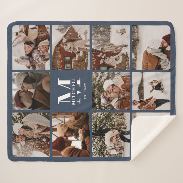 Manta Sherpa Moderna Marina MultiCollage de fotos Elegante Azul (Anverso (horizontal))