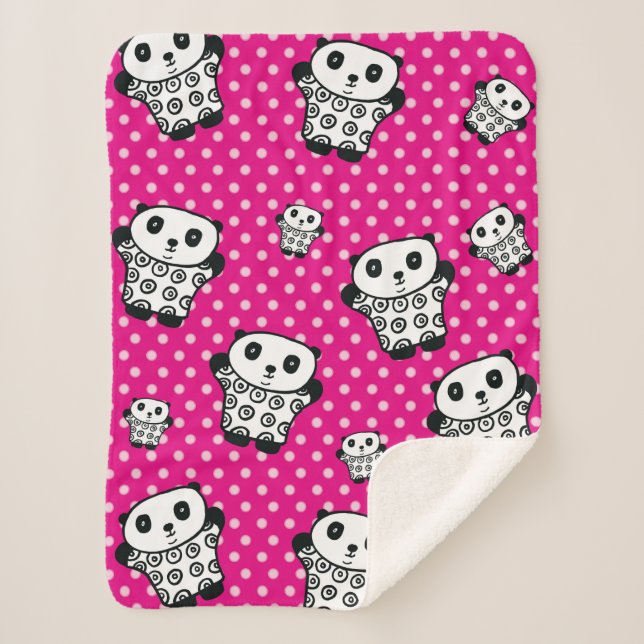Manta Sherpa Moderno Kawaii Panda Bear Girly Polka Punto Rosa (Anverso)