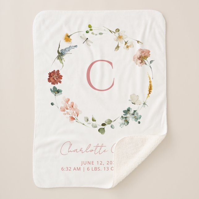 Manta Sherpa Monograma Acuarela Rosa Floral Chica Estaciones de (Anverso)