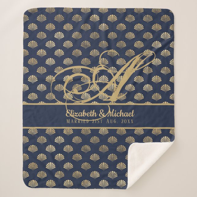 Manta Sherpa Monograma ART Deco Navy Blue Gold Shellyweds (Anverso)