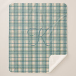 Manta Sherpa Monograma Azul Verde Beige Tartán Buffalo Placa