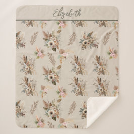 Manta Sherpa Monograma Boho Beige Verde Rosa Floral Botánica