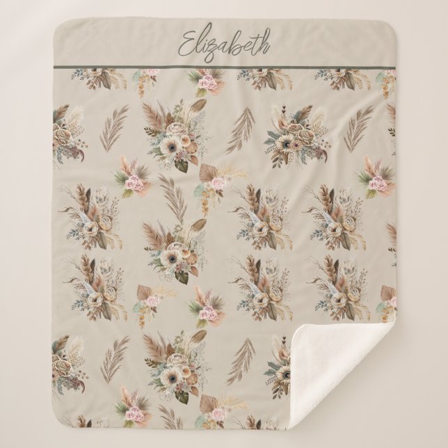 Manta Sherpa Monograma Boho Beige Verde Rosa Floral Botánica (Anverso)
