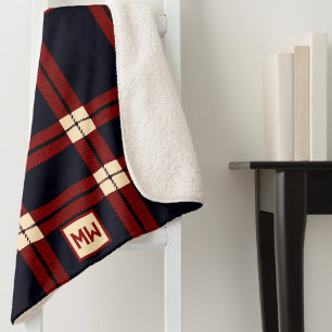 Manta Sherpa Monograma clásico rojo, negro y crema graso