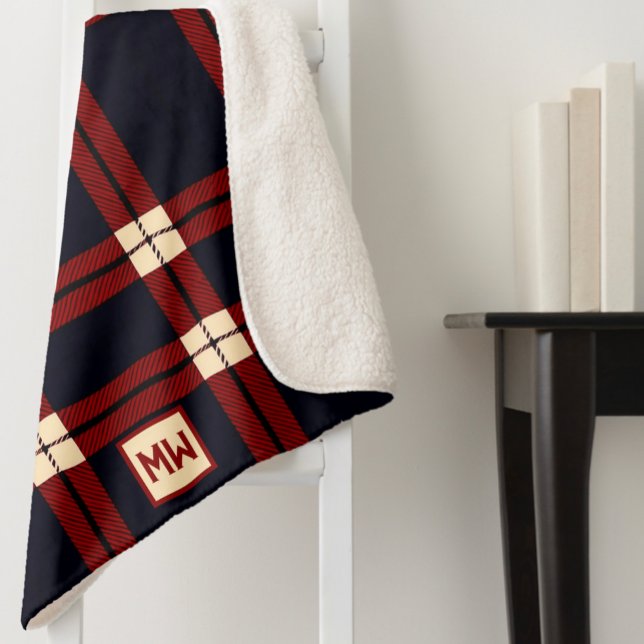 Manta Sherpa Monograma clásico rojo, negro y crema graso (Subido por el creador)