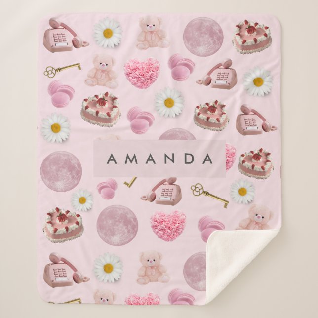Manta Sherpa Monograma Coquette Personalizada Luna Rosa Feminin (Anverso)