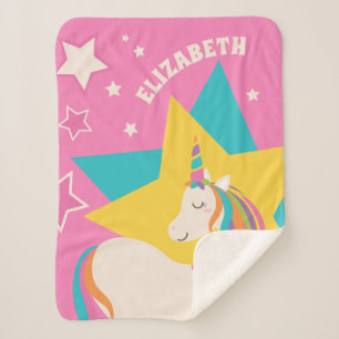 Manta Sherpa Monograma crudo de arcoiris con unicornio y estrel
