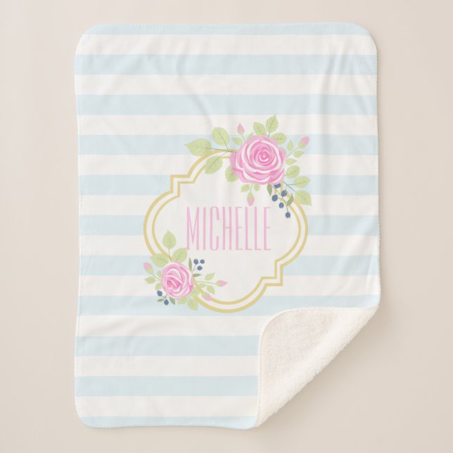Manta Sherpa Monograma crudo rosa Roses azul Sherpa Blanket (Anverso)