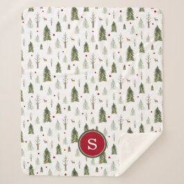 Manta Sherpa Monograma de acuarela del bosque de invierno de pi