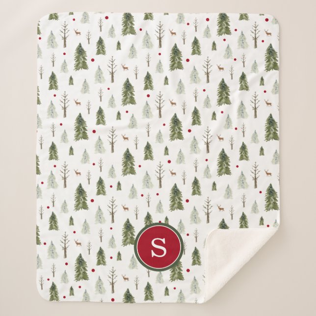 Manta Sherpa Monograma de acuarela del bosque de invierno de pi (Anverso)