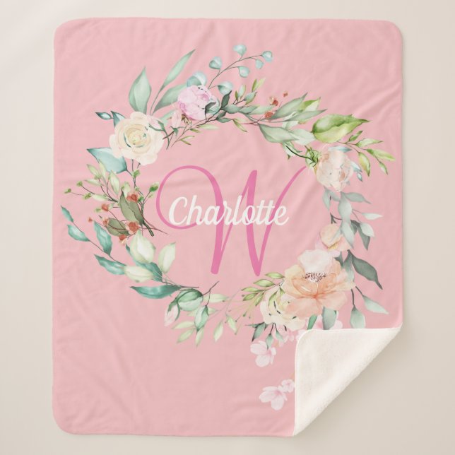 Manta Sherpa Monograma de escritura inicial rosada de los Rosas (Anverso)