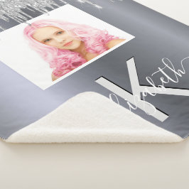 Manta Sherpa Monograma de foto purpurina plateado glamoroso