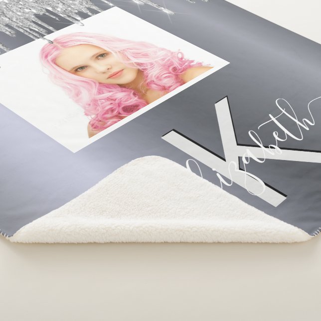 Manta Sherpa Monograma de foto purpurina plateado glamoroso (3/4)