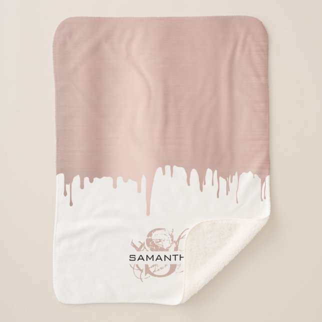 Manta Sherpa Monograma de goteo metálico de oro rosado Rosa de  (Anverso)