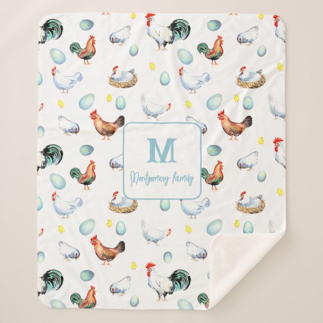 Manta Sherpa Monograma de granja de la familia del pollo (Anverso)