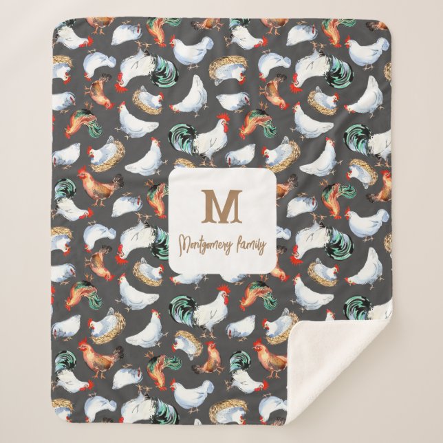 Manta Sherpa Monograma de granja de la familia del pollo (Anverso)