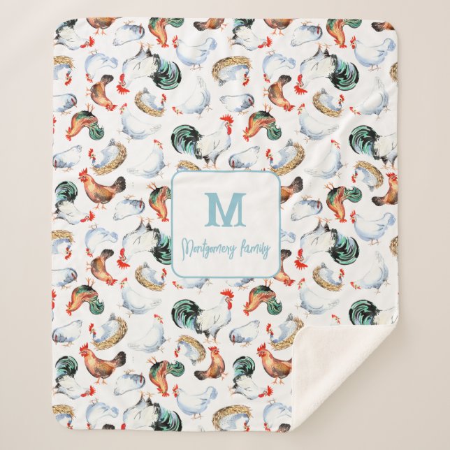 Manta Sherpa Monograma de granja de la familia del pollo (Anverso)