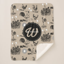 Manta Sherpa Monograma de huevo de gallo de pollo de campo vint