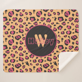 Manta Sherpa Monograma de impresión de leopardo negro rosado